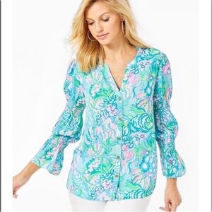 Lilly Pulitzer Maritza Lileeze Top Aqua la Vista Blue Ibiza Size Medium EUC/LN